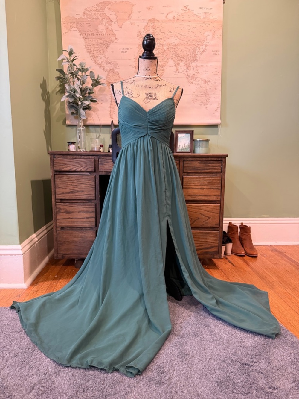 Azazie Teal Green Chiffon Spaghetti Strap Maxi Dress